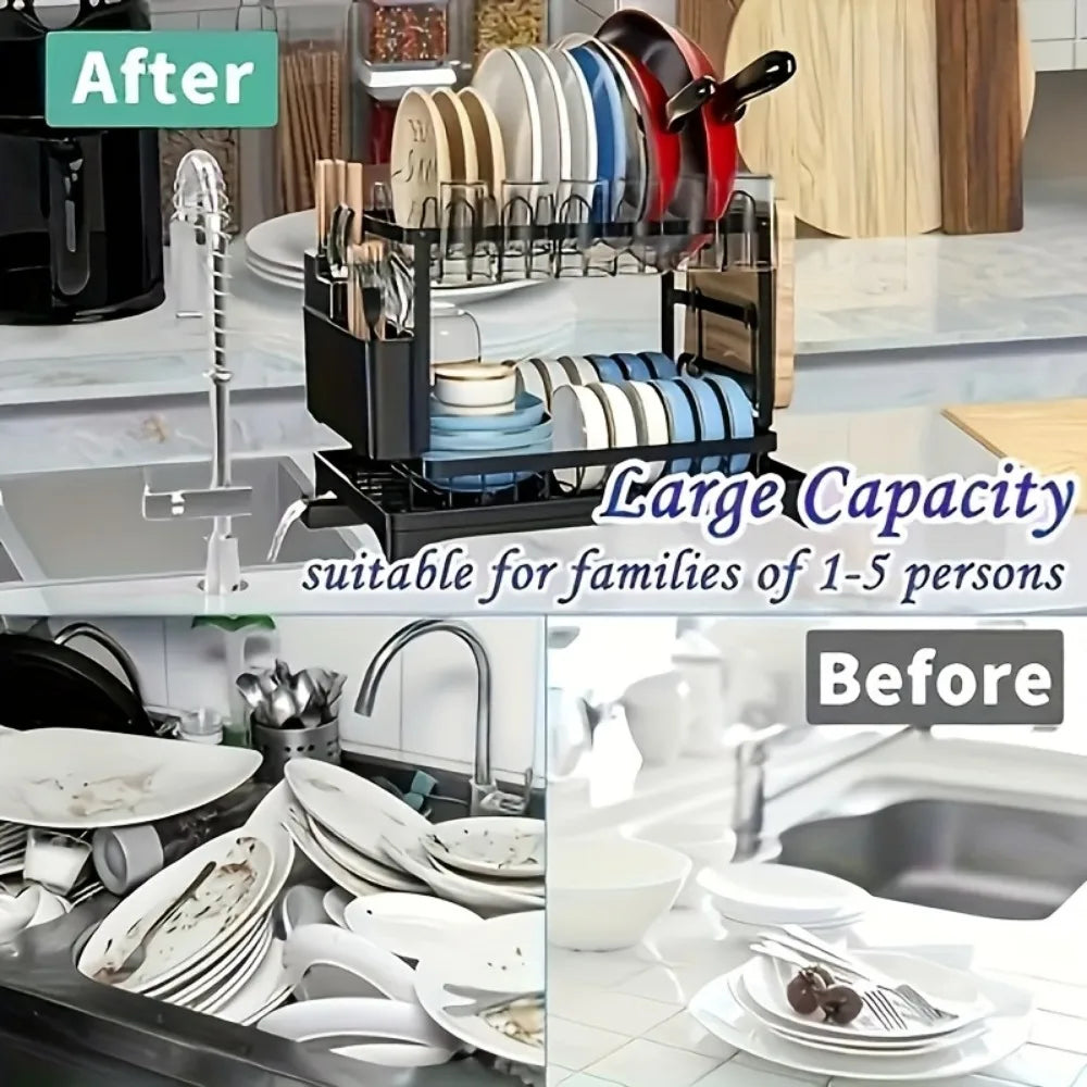 2-Tier Dish Drying Rack With Drainboard And Mat Kitchen Organizer