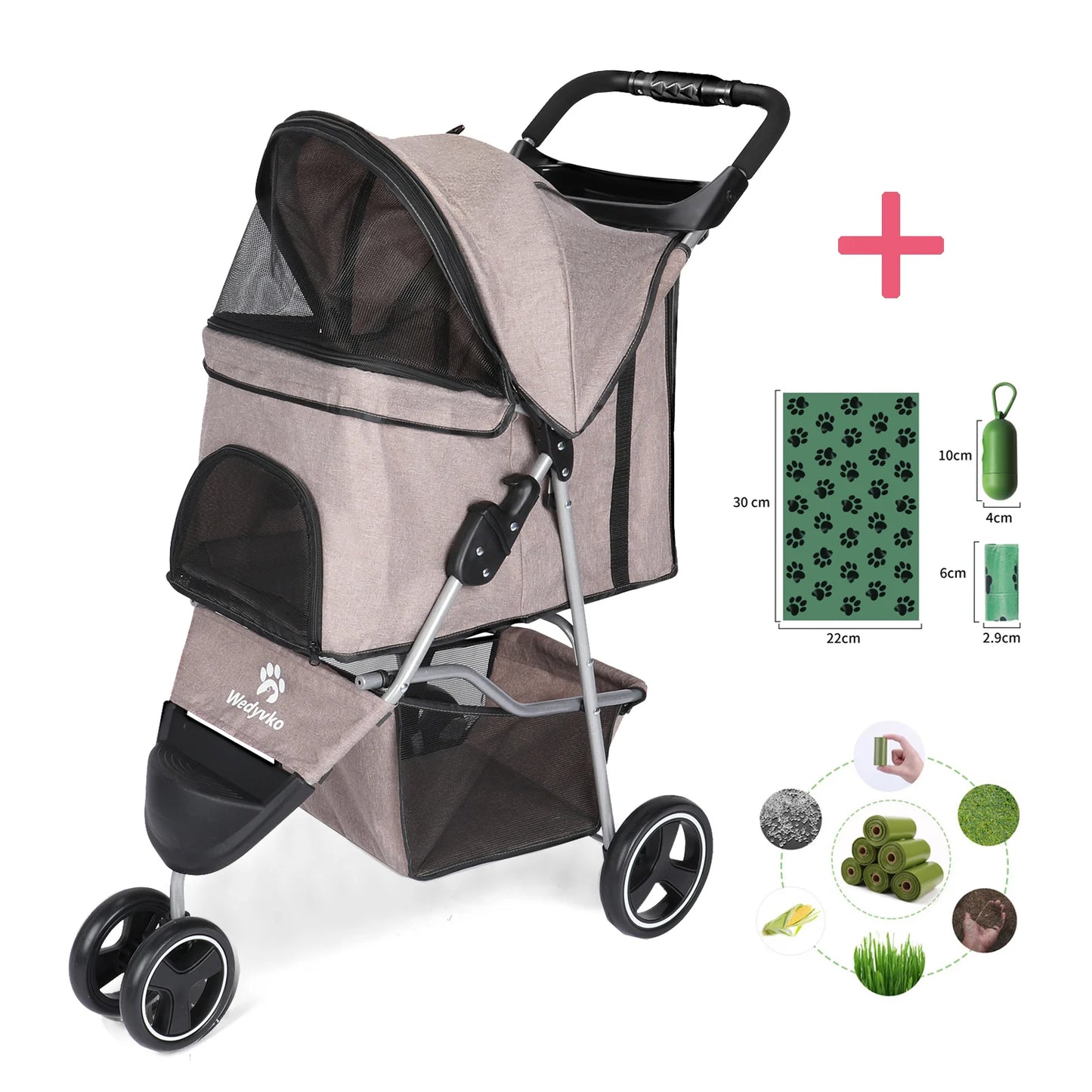 Wedyvko 3 Wheel Foldable Pet Stroller With Storage Basket