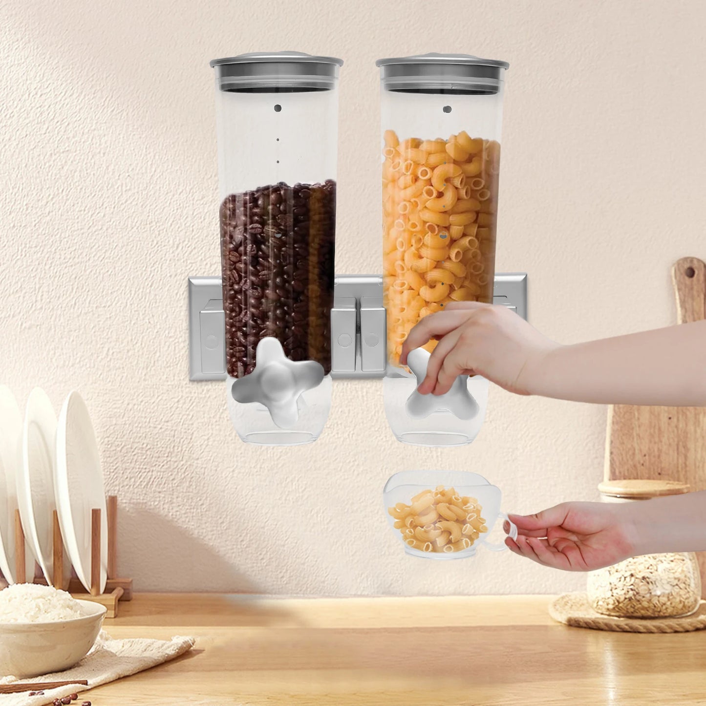 Hign-concerned Wall Mount Food Dispenser DualBucket Dry Food Storage Organizer
