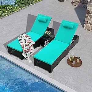MKDK 3-Piece Patio Chaise Lounge Set With Coffee Table Cushions