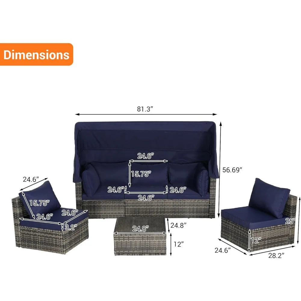 MKDK Patio Daybed Set With Table And Retractable Canopy Rattan Furniture