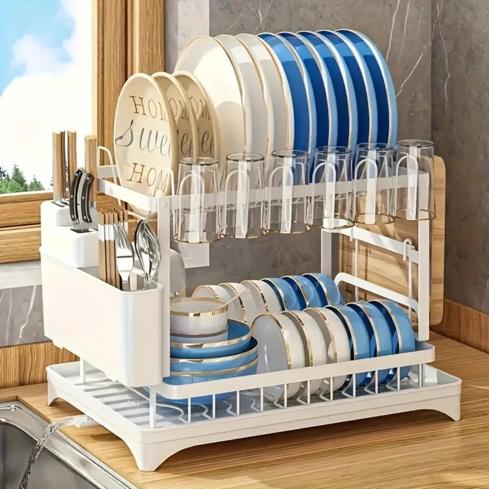 2-Tier Dish Drying Rack With Drainboard And Mat Kitchen Organizer