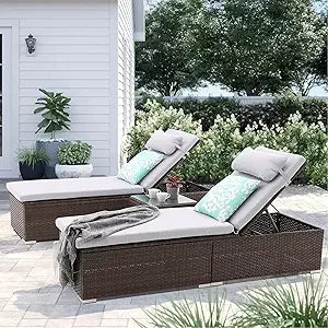 MKDK 3-Piece Patio Chaise Lounge Set With Coffee Table Cushions