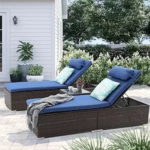 MKDK 3-Piece Patio Chaise Lounge Set With Coffee Table Cushions