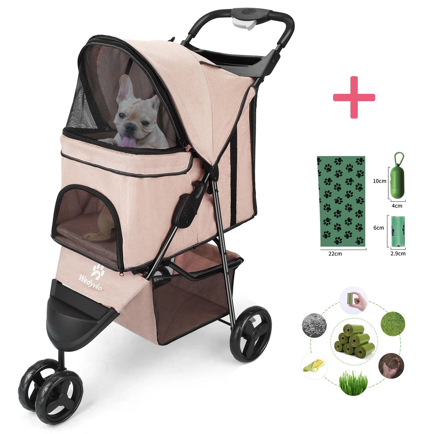 Wedyvko 3 Wheel Foldable Pet Stroller With Storage Basket