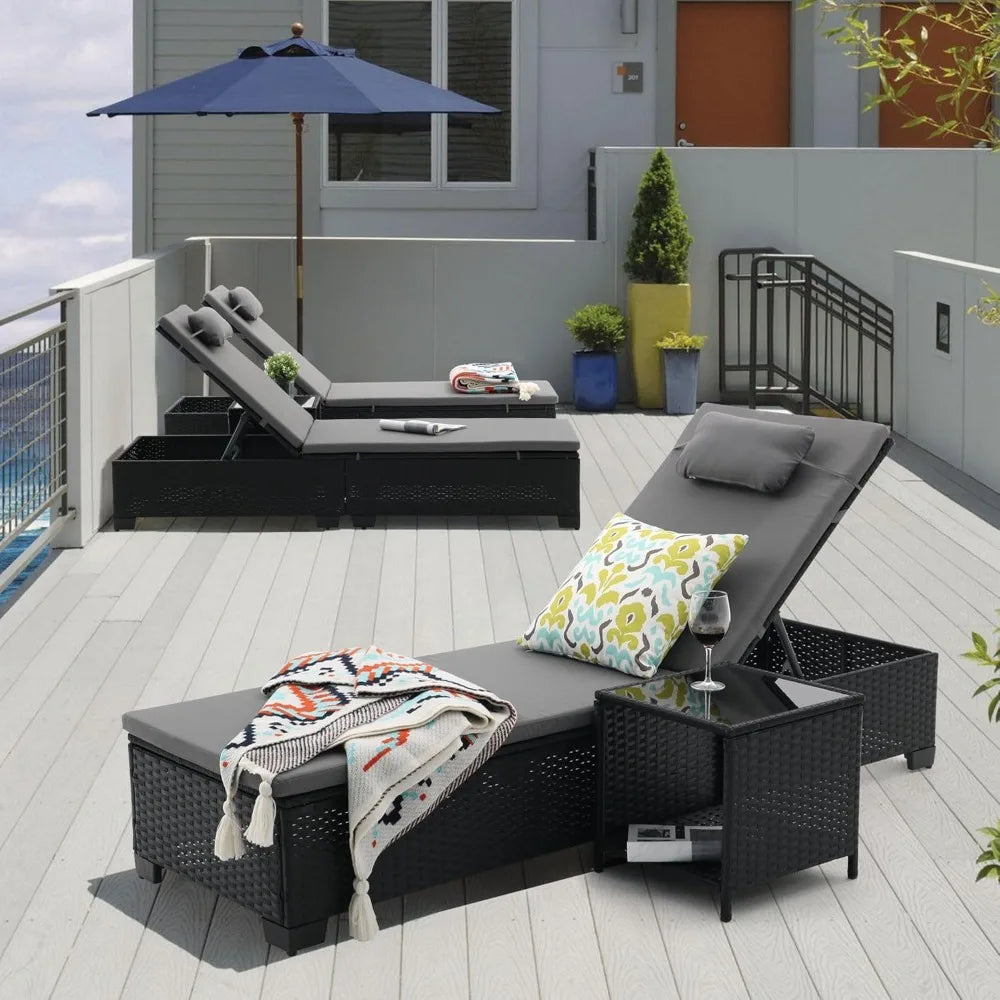 MKDK 3-Piece Patio Chaise Lounge Set With Coffee Table Cushions