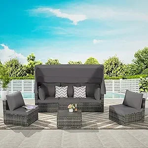 MKDK Patio Daybed Set With Table And Retractable Canopy Rattan Furniture