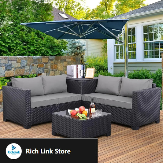XMSJ Outdoor Wicker Patio Furniture Set Rattan Sectional Sofa Storage