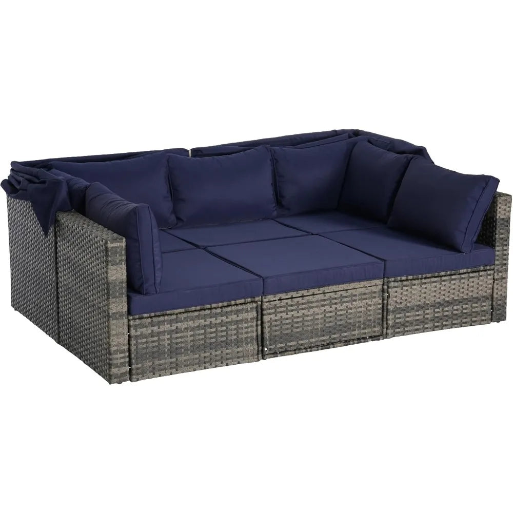 MKDK Patio Daybed Set With Table And Retractable Canopy Rattan Furniture