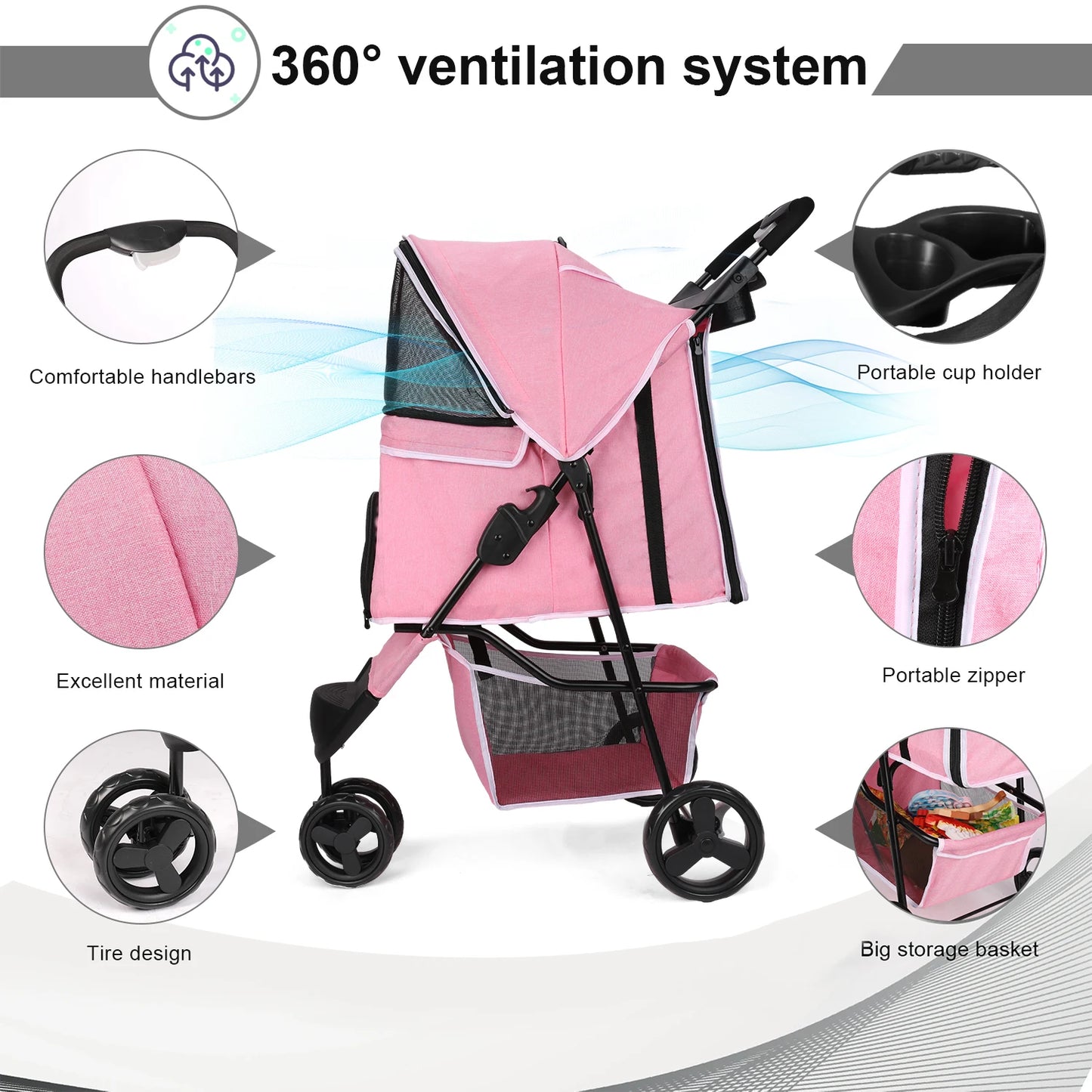 Wedyvko 3 Wheel Foldable Pet Stroller With Storage Basket