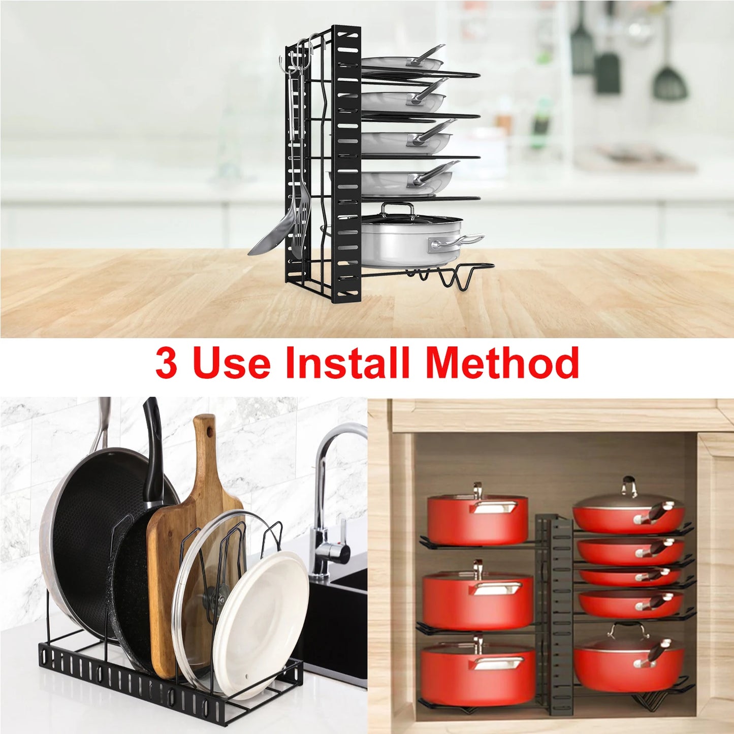 8-Tier Pot Rack Organizer Durable Metal Space Saving Cabinet Holder