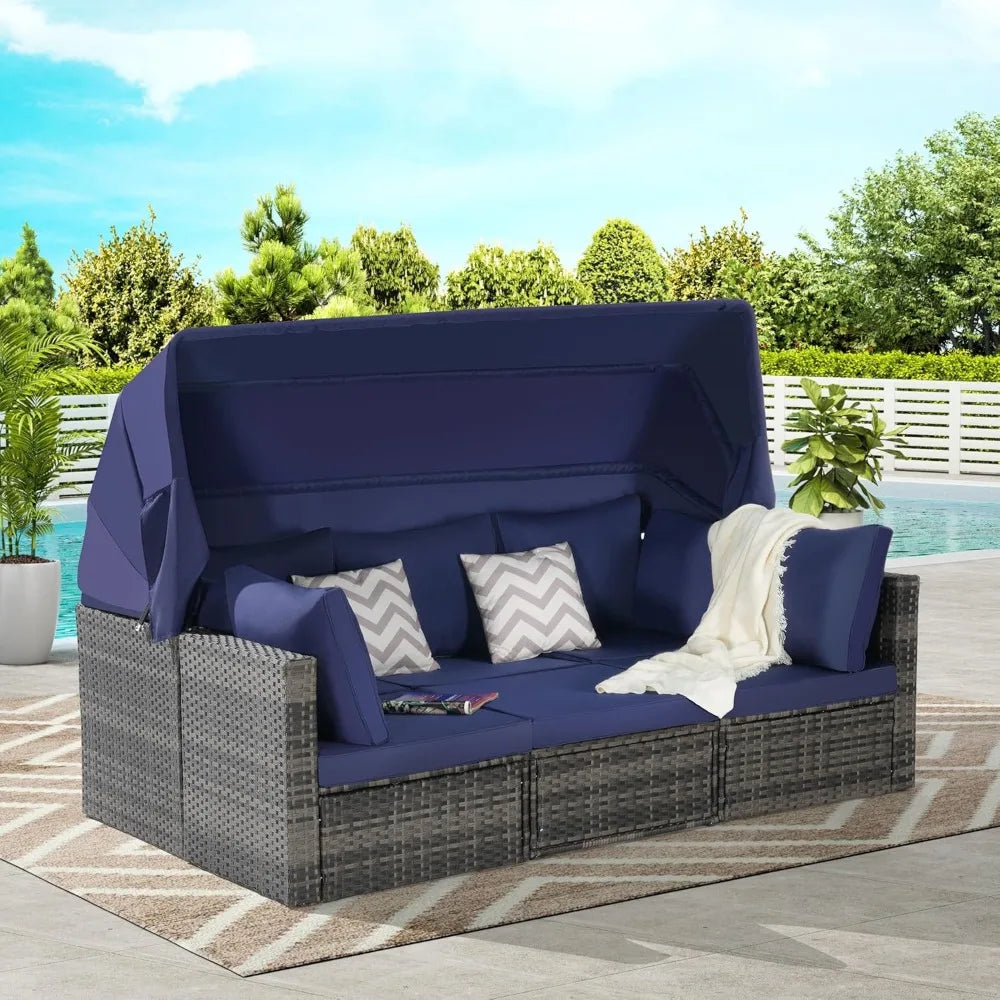 MKDK Patio Daybed Set With Table And Retractable Canopy Rattan Furniture
