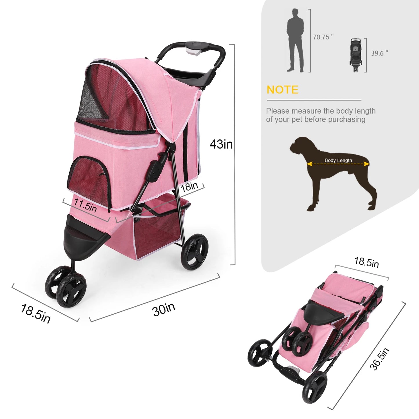 Wedyvko 3 Wheel Foldable Pet Stroller With Storage Basket