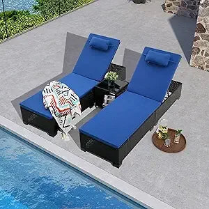 MKDK 3-Piece Patio Chaise Lounge Set With Coffee Table Cushions