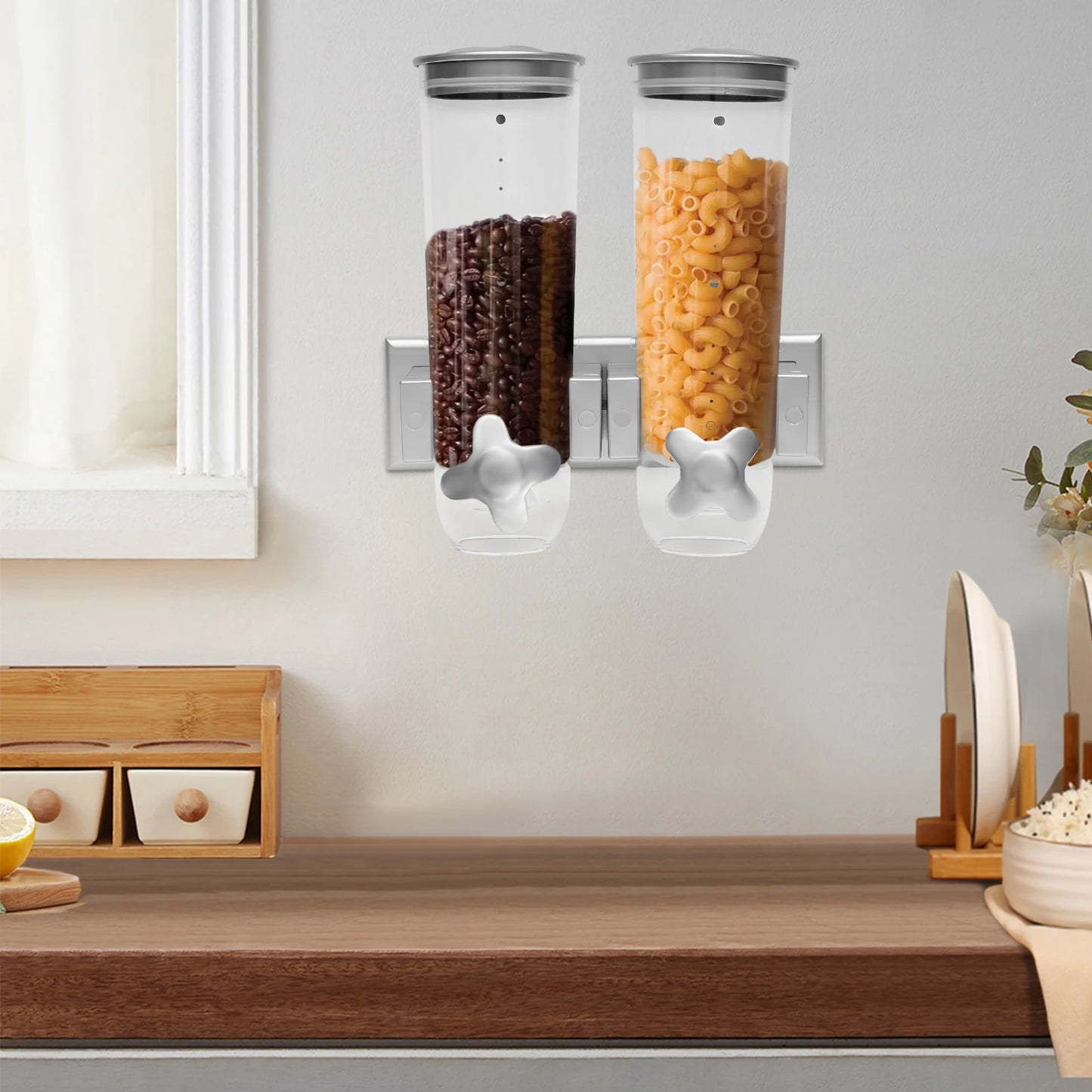 Hign-concerned Wall Mount Food Dispenser DualBucket Dry Food Storage Organizer