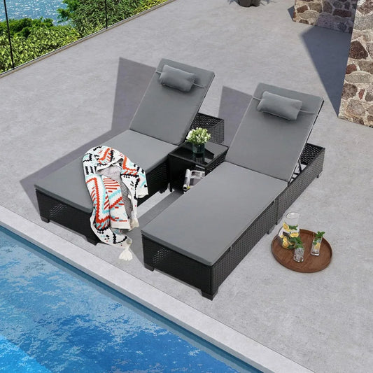MKDK 3-Piece Patio Chaise Lounge Set With Coffee Table Cushions