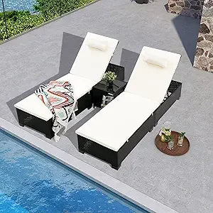 MKDK 3-Piece Patio Chaise Lounge Set With Coffee Table Cushions