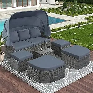 MKDK Patio Daybed Set With Table And Retractable Canopy Rattan Furniture