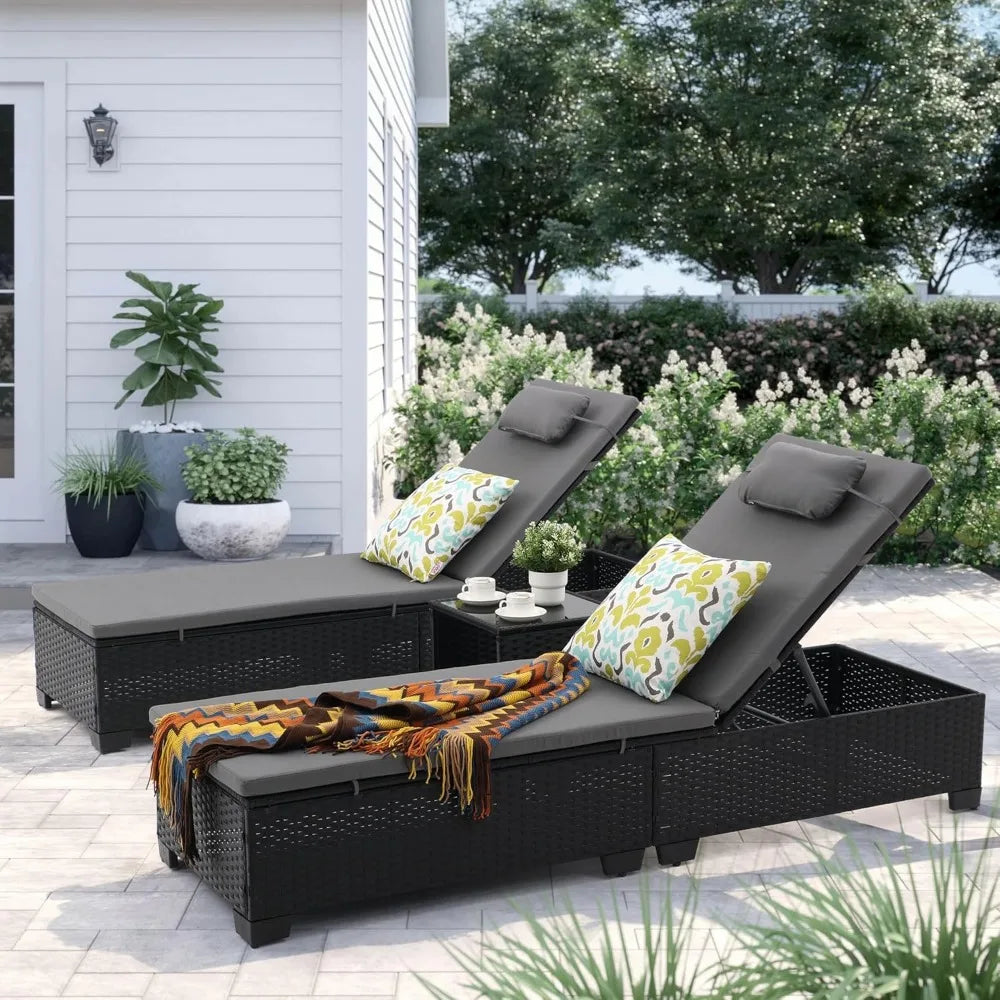 MKDK 3-Piece Patio Chaise Lounge Set With Coffee Table Cushions