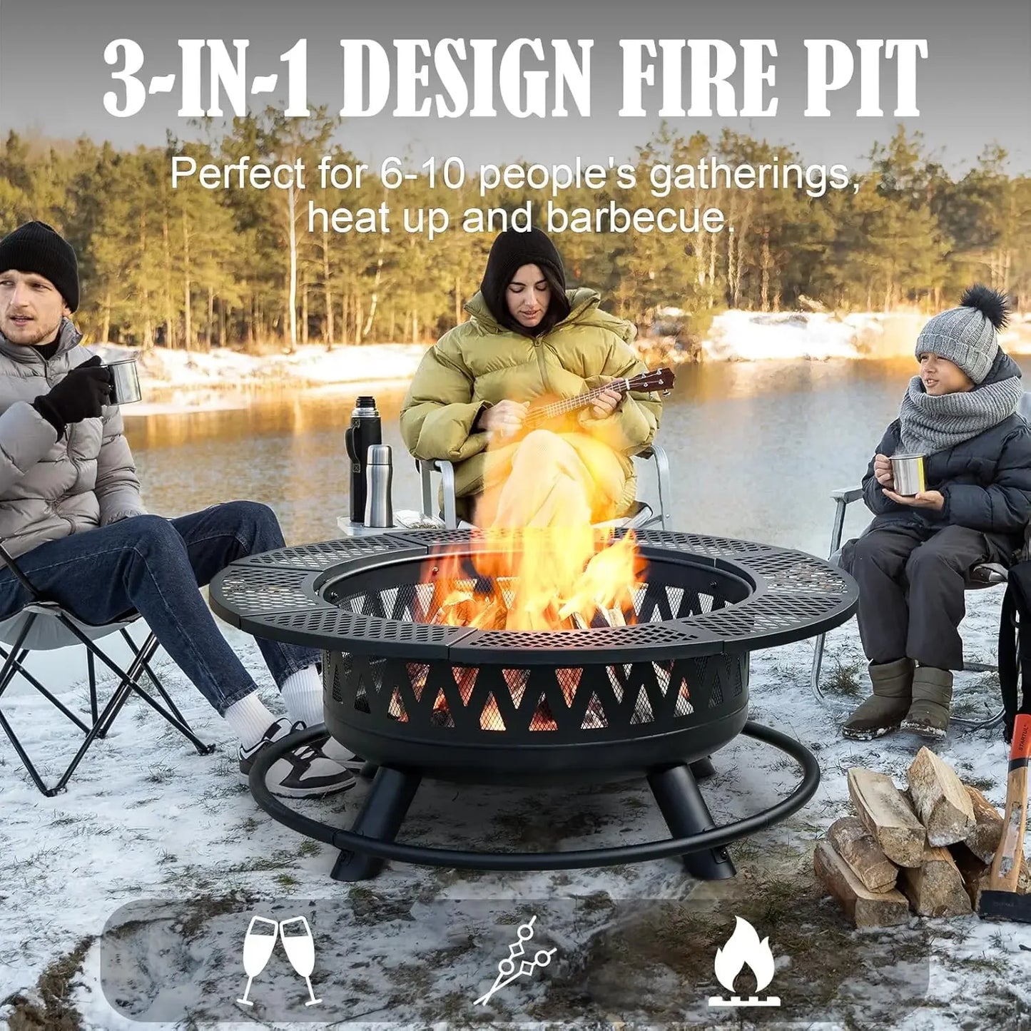 XMSJ Fire Pit With Grills 3-In-1 Outdoor Wood Burning