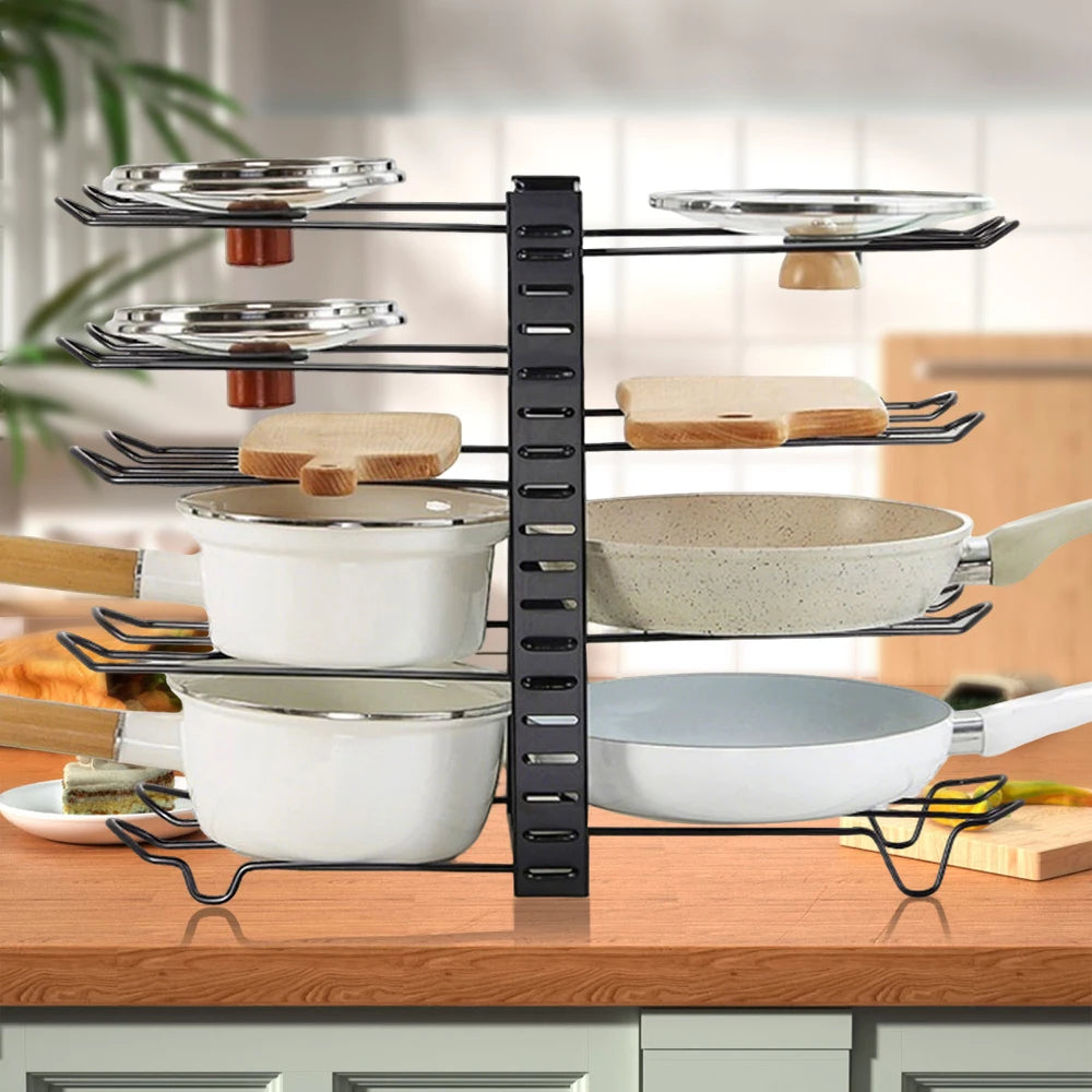 8-Tier Pot Rack Organizer Durable Metal Space Saving Cabinet Holder