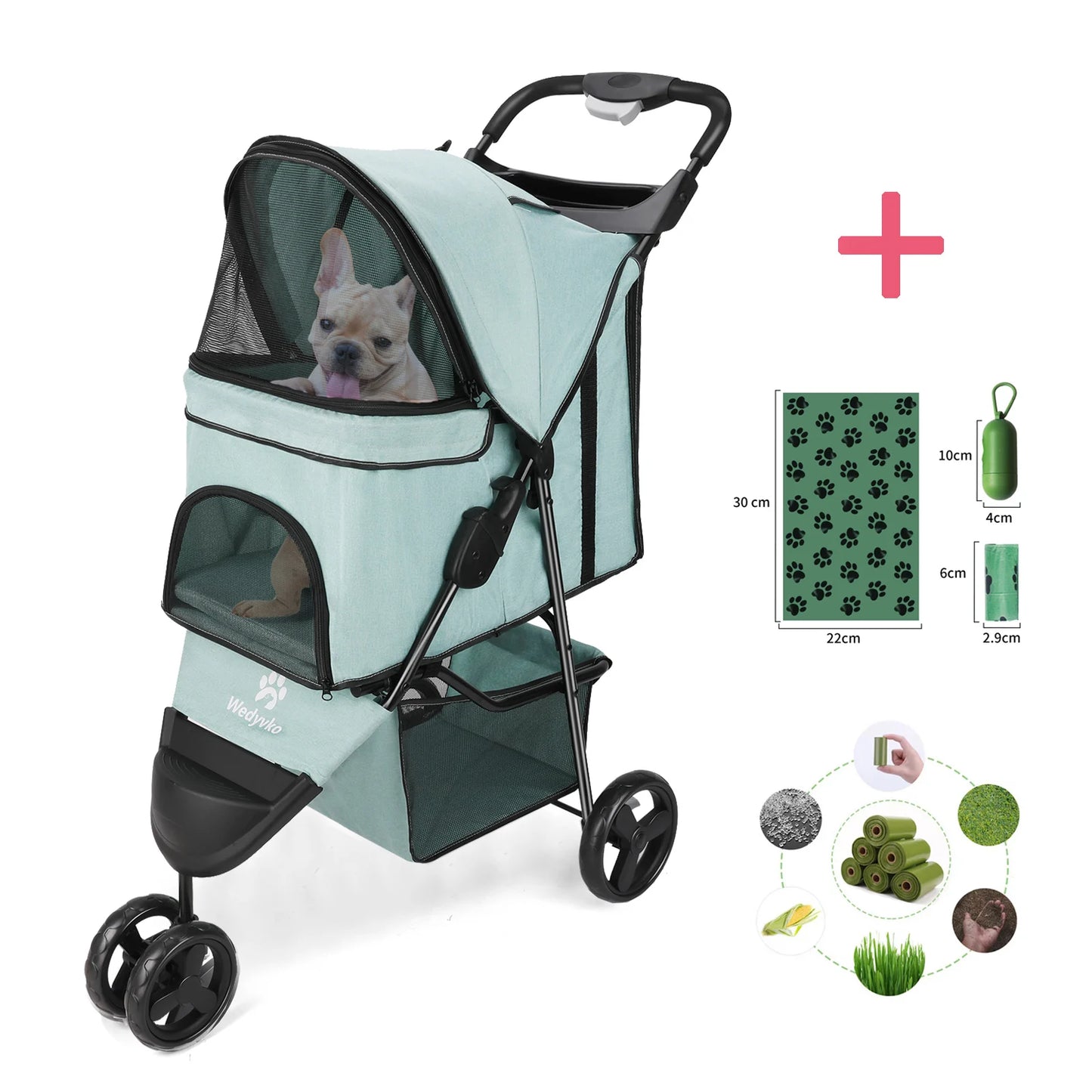Wedyvko 3 Wheel Foldable Pet Stroller With Storage Basket