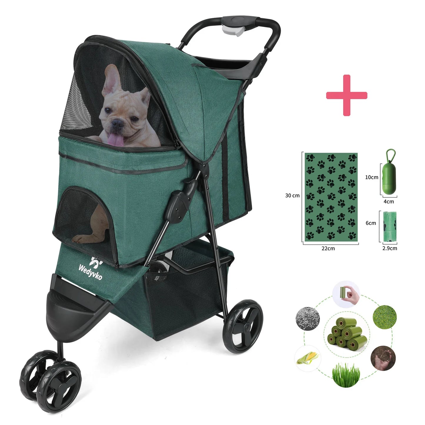 Wedyvko 3 Wheel Foldable Pet Stroller With Storage Basket