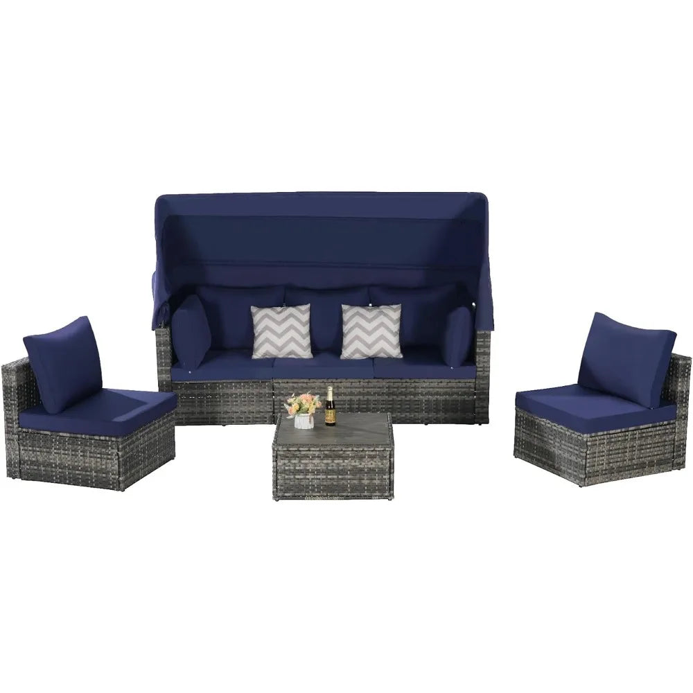 MKDK Patio Daybed Set With Table And Retractable Canopy Rattan Furniture
