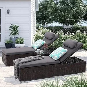 MKDK 3-Piece Patio Chaise Lounge Set With Coffee Table Cushions