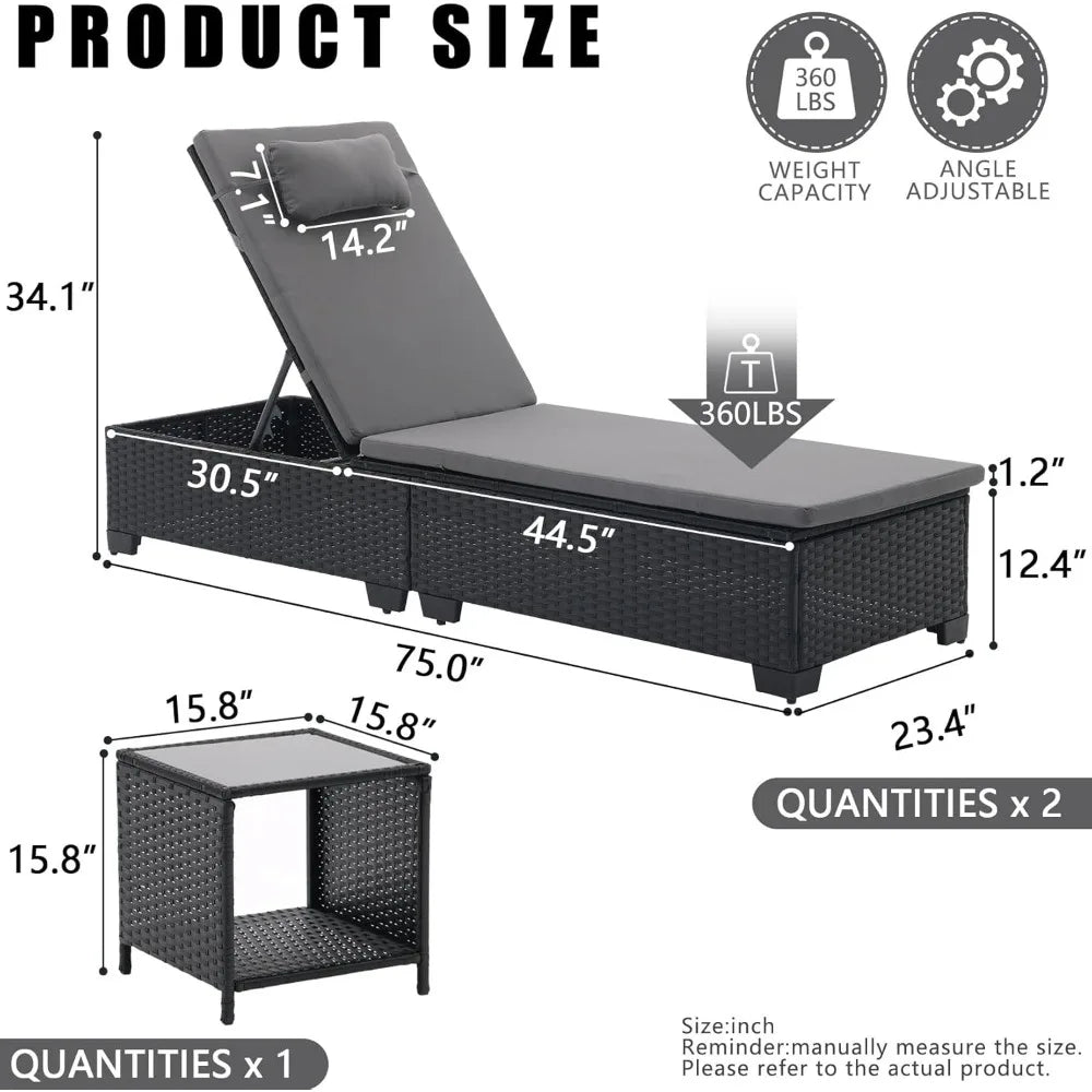 MKDK 3-Piece Patio Chaise Lounge Set With Coffee Table Cushions