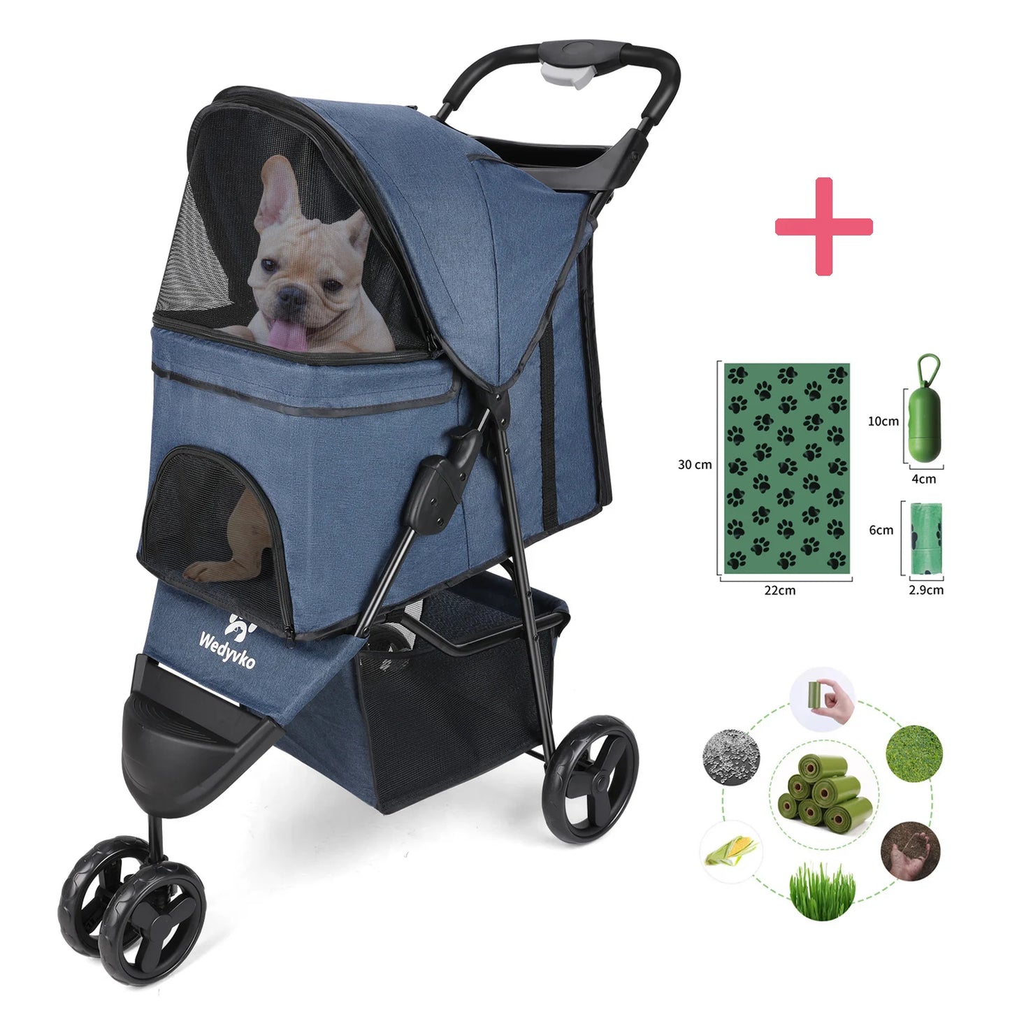Wedyvko 3 Wheel Foldable Pet Stroller With Storage Basket