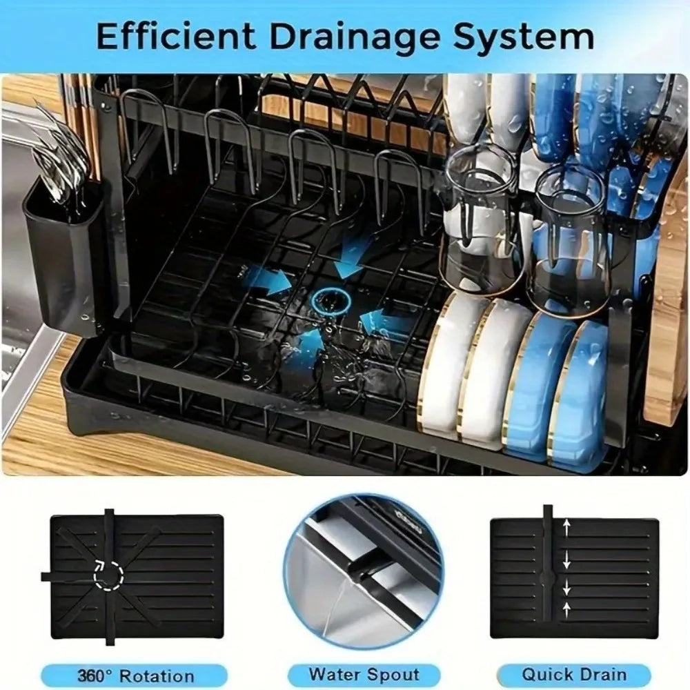 2-Tier Dish Drying Rack With Drainboard And Mat Kitchen Organizer