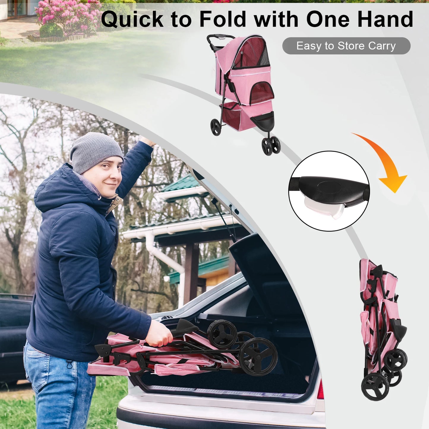 Wedyvko 3 Wheel Foldable Pet Stroller With Storage Basket