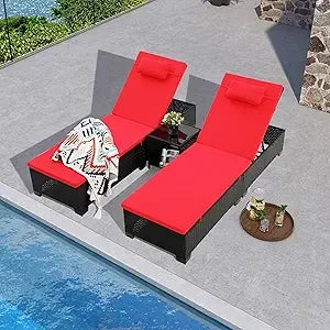 MKDK 3-Piece Patio Chaise Lounge Set With Coffee Table Cushions
