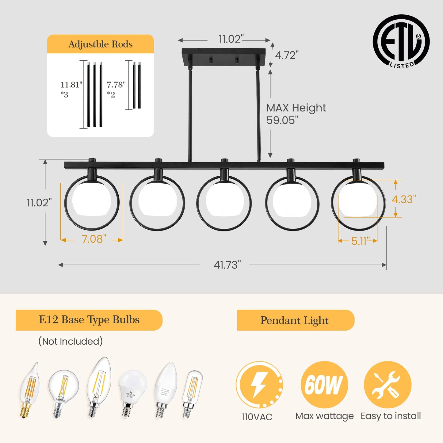 Modern Five Light Adjustable Chandelier With Glass Shades