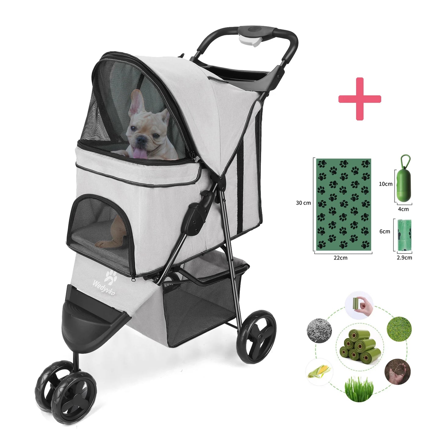 Wedyvko 3 Wheel Foldable Pet Stroller With Storage Basket