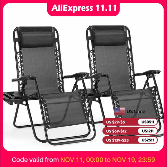 JHK Zero Gravity Recliner Set of 2 Portable Patio Chairs