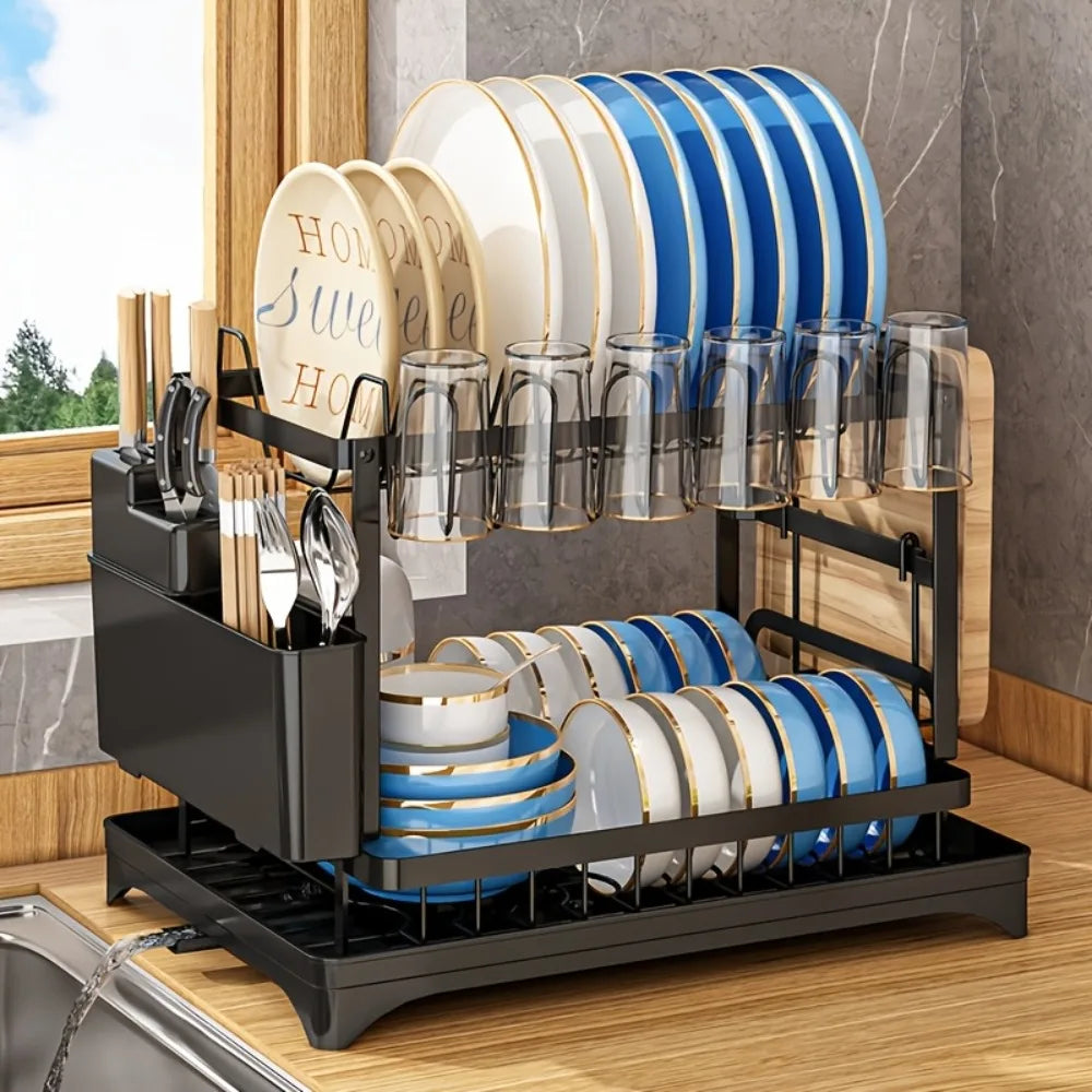 2-Tier Dish Drying Rack With Drainboard And Mat Kitchen Organizer