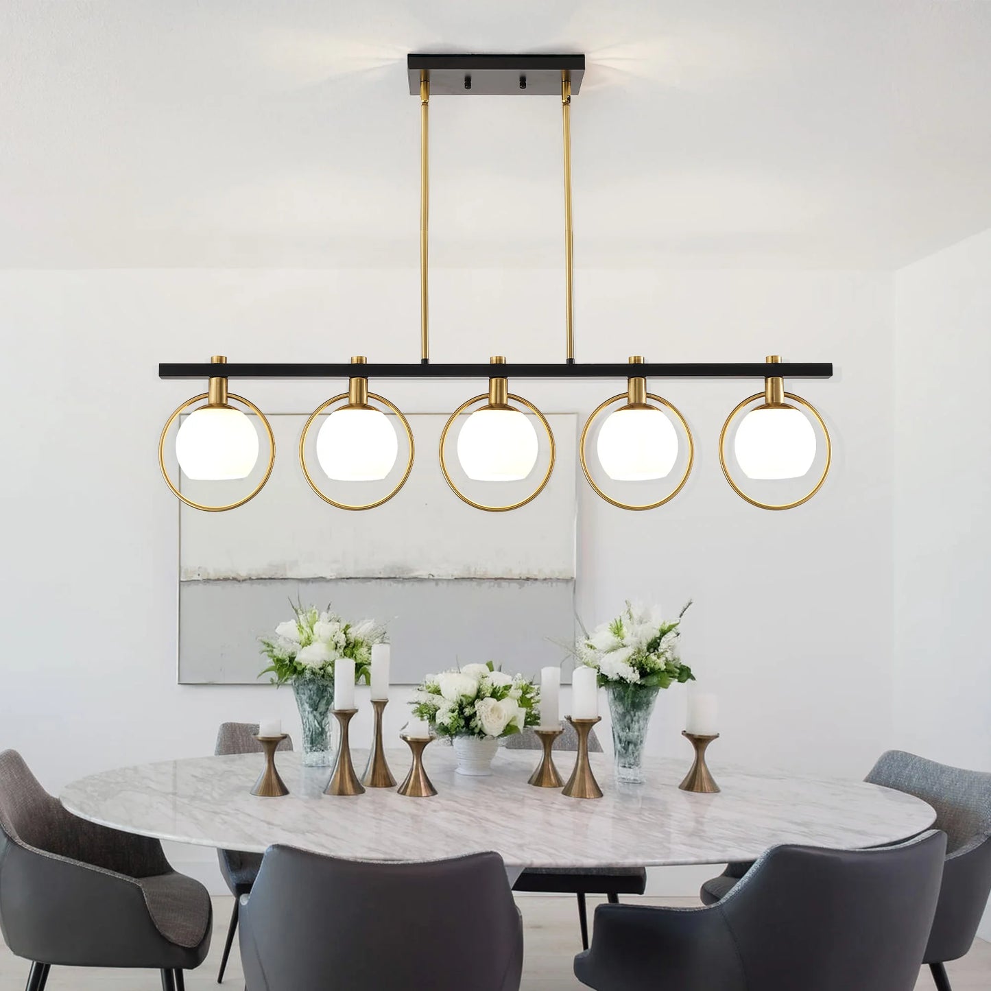 Modern Five Light Adjustable Chandelier With Glass Shades