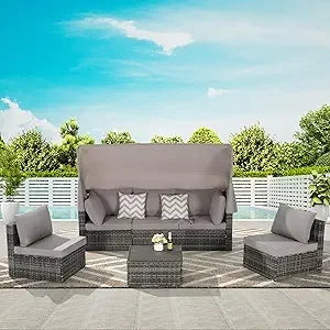 MKDK Patio Daybed Set With Table And Retractable Canopy Rattan Furniture