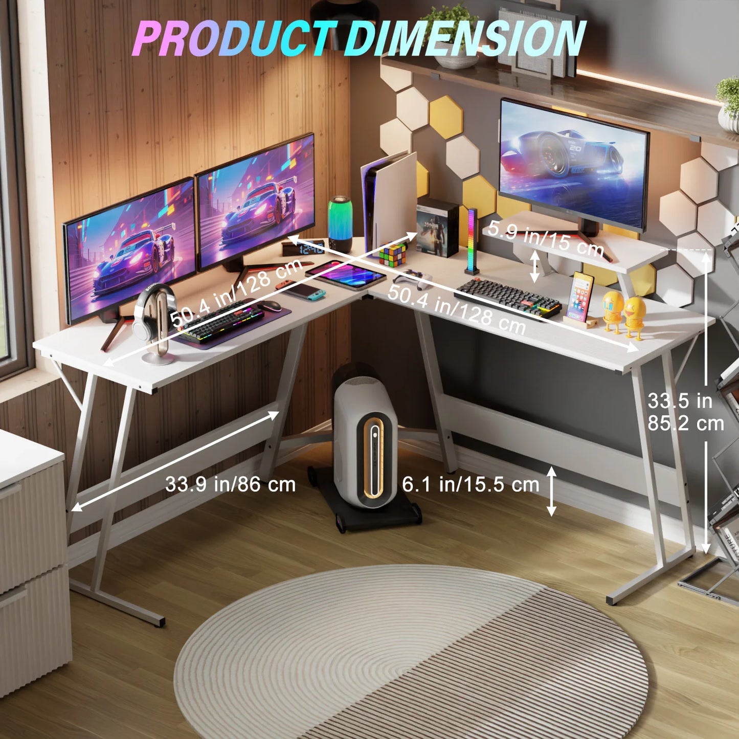 Gaming Desk L Shaped Corner Computer Desk, Home Office Desks Writing Workstation with Large Monitor Stand Easy to Assemble