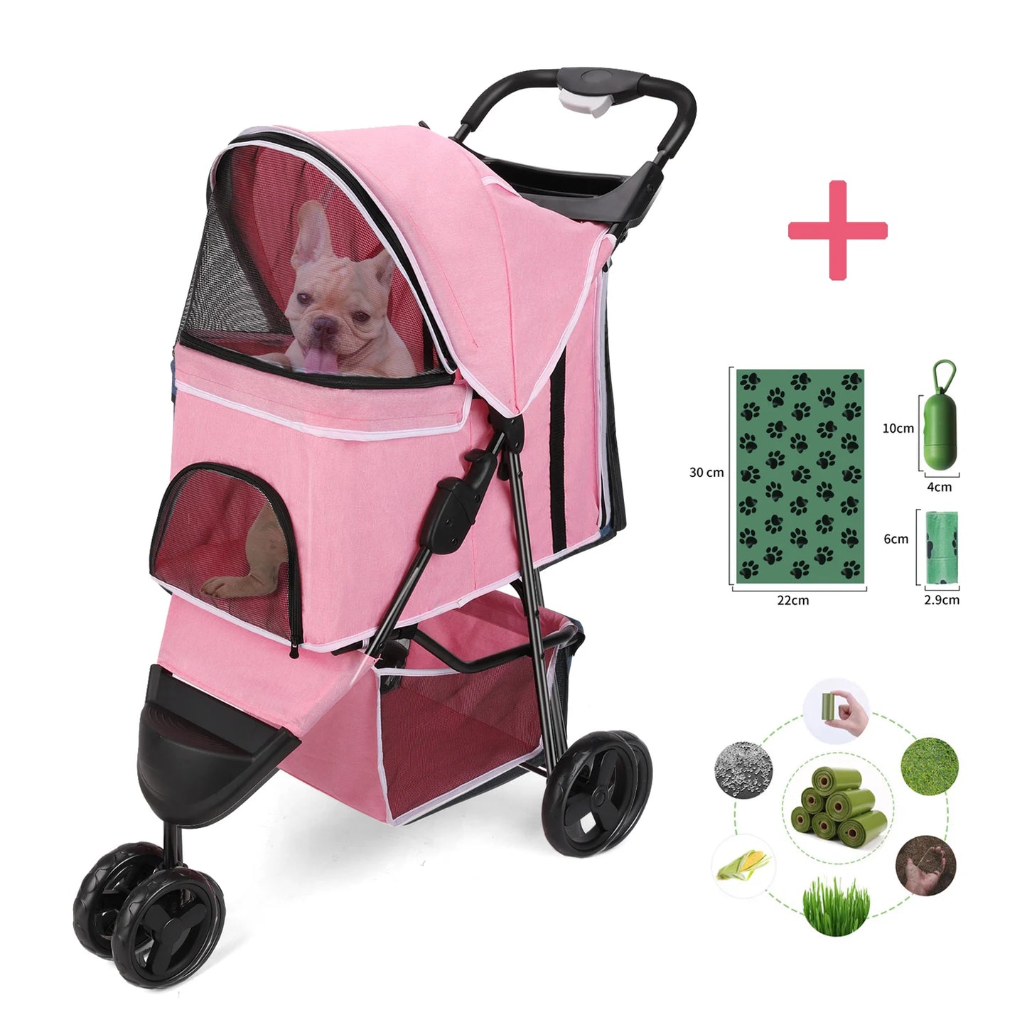 Wedyvko 3 Wheel Foldable Pet Stroller With Storage Basket