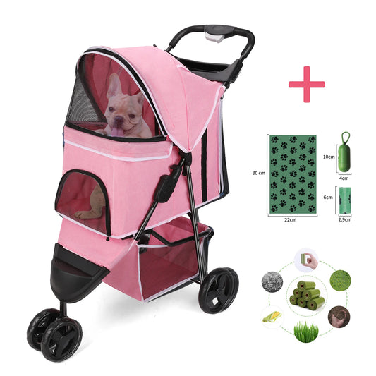 Wedyvko 3 Wheel Foldable Pet Stroller With Storage Basket