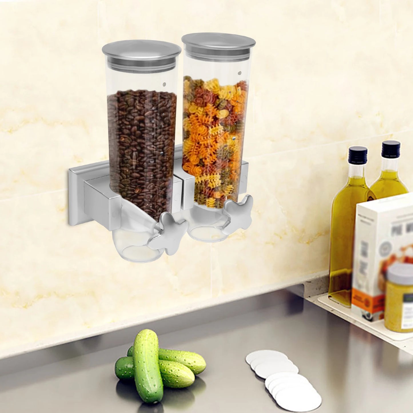 Hign-concerned Wall Mount Food Dispenser DualBucket Dry Food Storage Organizer