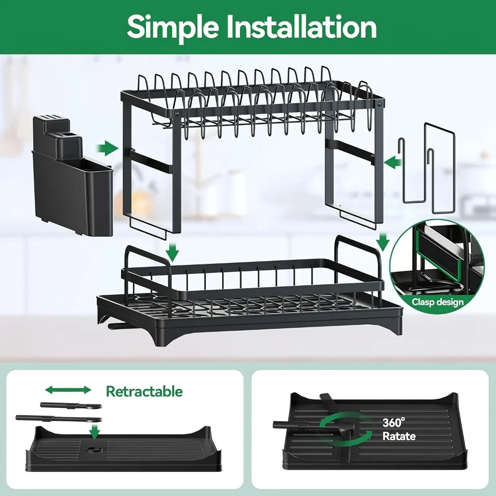 2-Tier Dish Drying Rack With Drainboard And Mat Kitchen Organizer