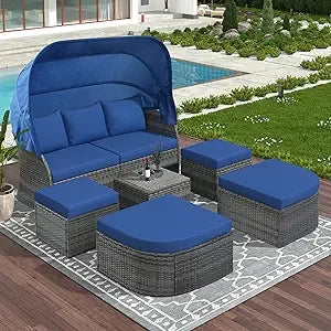 MKDK Patio Daybed Set With Table And Retractable Canopy Rattan Furniture