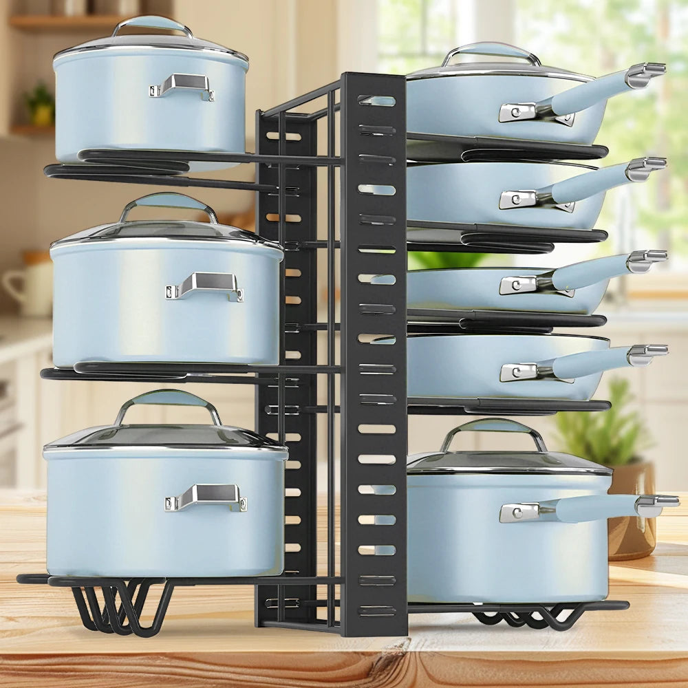 8-Tier Pot Rack Organizer Durable Metal Space Saving Cabinet Holder