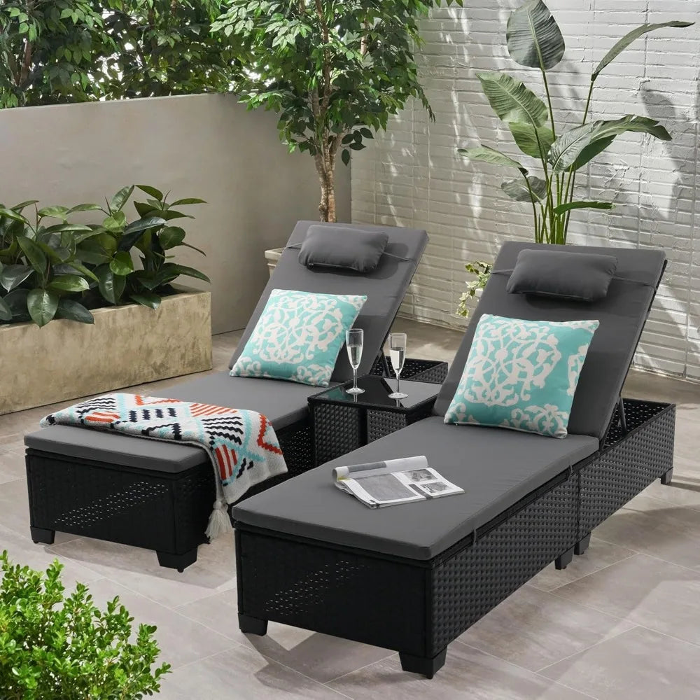 MKDK 3-Piece Patio Chaise Lounge Set With Coffee Table Cushions