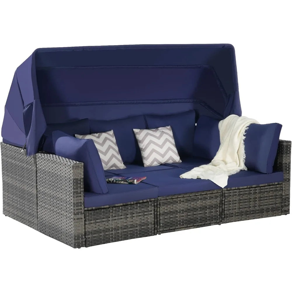 MKDK Patio Daybed Set With Table And Retractable Canopy Rattan Furniture