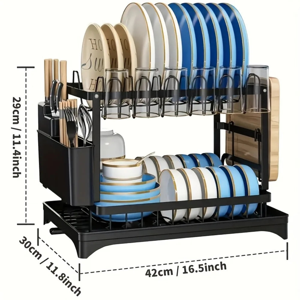 2-Tier Dish Drying Rack With Drainboard And Mat Kitchen Organizer